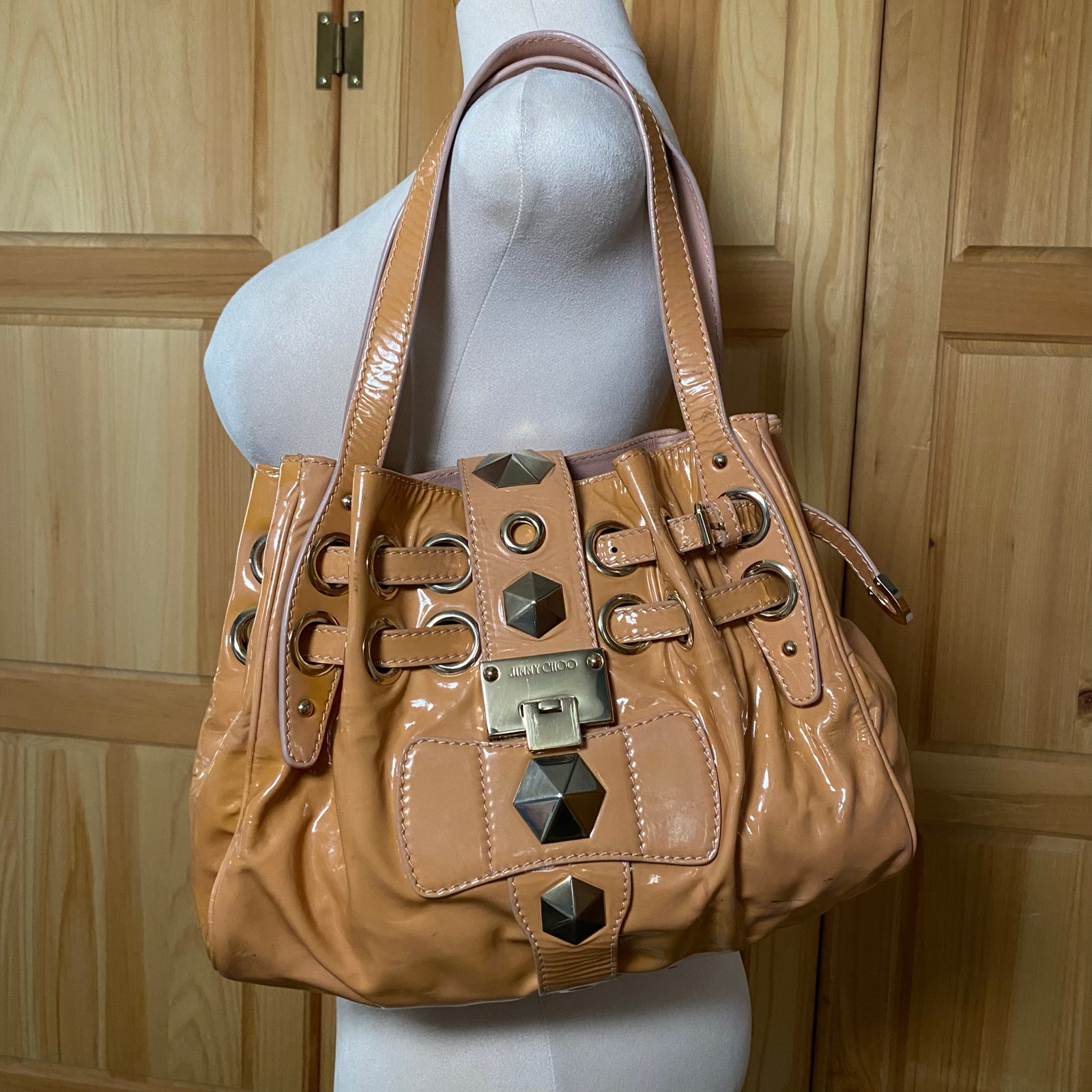 Jimmy Choo Patent Leather Grommet Stud Gold Detail Shoulder Bag Y2k Chic Grunge